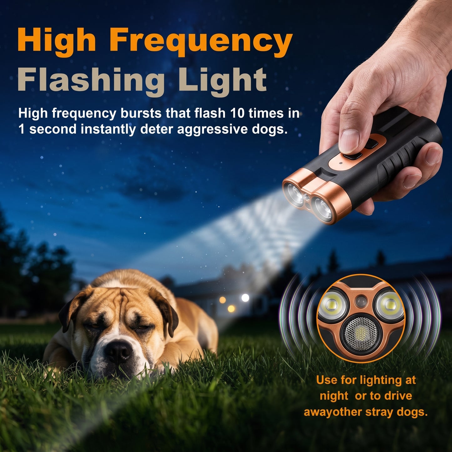 Dual-headed sonic bark suppressor flashlight